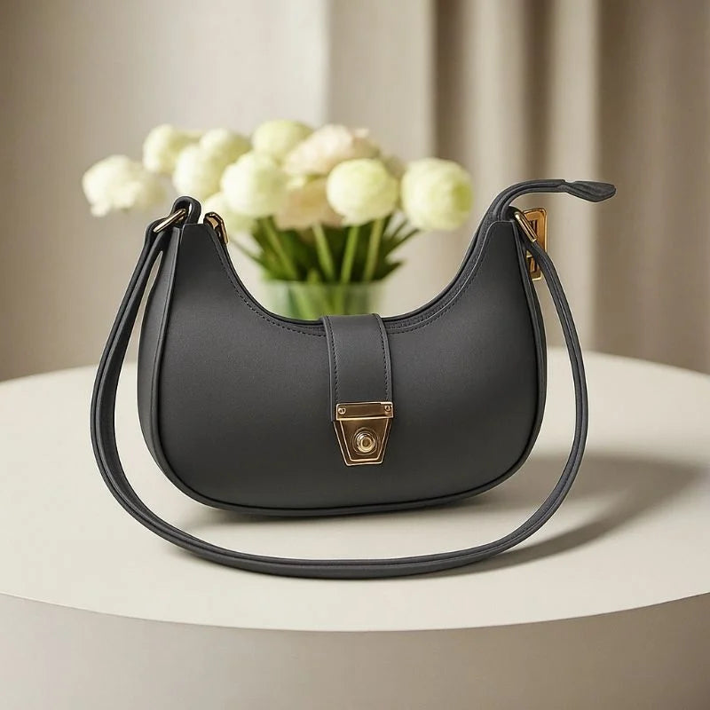 Crescent Luxury Faux Leather Shoulder Bag | Dark Gray Elegant Handbag for Women