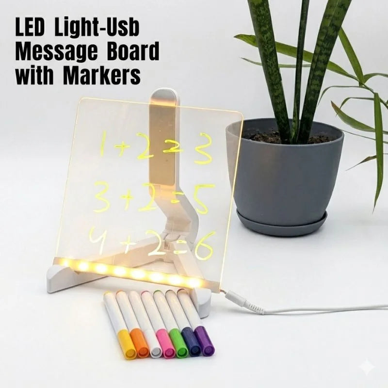 6x6 Inches LED Acrylic Writing Board with USB Light | 7 Colorful Erasable Pens |  Message Board with Markers & Stand